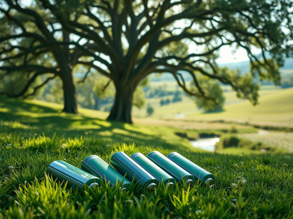A realistic and environmentally-conscious depiction of rechargeable batteries, showcasing a harmonious integration with nature. In the foreground, a cluster of sleek, modern batteries in shades of green and blue rests atop a lush, verdant meadow, their surfaces reflecting the dappled sunlight filtering through the canopy of towering oak trees in the middle ground. In the background, a serene, rolling landscape dotted with wildflowers and a meandering stream, conveying a sense of tranquility and sustainability. The lighting is soft and natural, creating a warm, inviting atmosphere that emphasizes the eco-friendly nature of the batteries. The overall composition emphasizes the compatibility of advanced battery technology with a healthy, thriving environment. A realistic and environmentally-conscious depiction of rechargeable batteries, showcasing a harmonious integration with nature. In the foreground, a cluster of sleek, modern batteries in shades of green and blue rests atop a lush, verdant meadow, their surfaces reflecting the dappled sunlight filtering through the canopy of towering oak trees in the middle ground. In the background, a serene, rolling landscape dotted with wildflowers and a meandering stream, conveying a sense of tranquility and sustainability. The lighting is soft and natural, creating a warm, inviting atmosphere that emphasizes the eco-friendly nature of the batteries. The overall composition emphasizes the compatibility of advanced battery technology with a healthy, thriving environment.