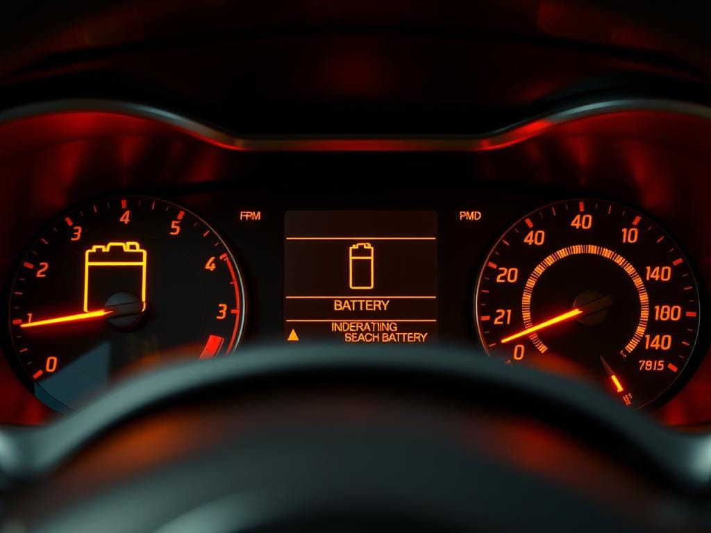 A realistic, close-up view of the dashboard of a car, showcasing several warning lights and indicators that suggest the need to replace the vehicle's battery. The display is well-lit, with a warm, amber-toned illumination that creates a sense of urgency. The indicators, such as a battery symbol, engine warning light, and voltage meter, are prominently featured, providing clear visual cues to the driver. The background is slightly blurred, emphasizing the focus on the dashboard elements. The overall scene conveys a sense of concern and the need for immediate action, aligning with the article's subject and section title. A realistic, close-up view of the dashboard of a car, showcasing several warning lights and indicators that suggest the need to replace the vehicle's battery. The display is well-lit, with a warm, amber-toned illumination that creates a sense of urgency. The indicators, such as a battery symbol, engine warning light, and voltage meter, are prominently featured, providing clear visual cues to the driver. The background is slightly blurred, emphasizing the focus on the dashboard elements. The overall scene conveys a sense of concern and the need for immediate action, aligning with the article's subject and section title.