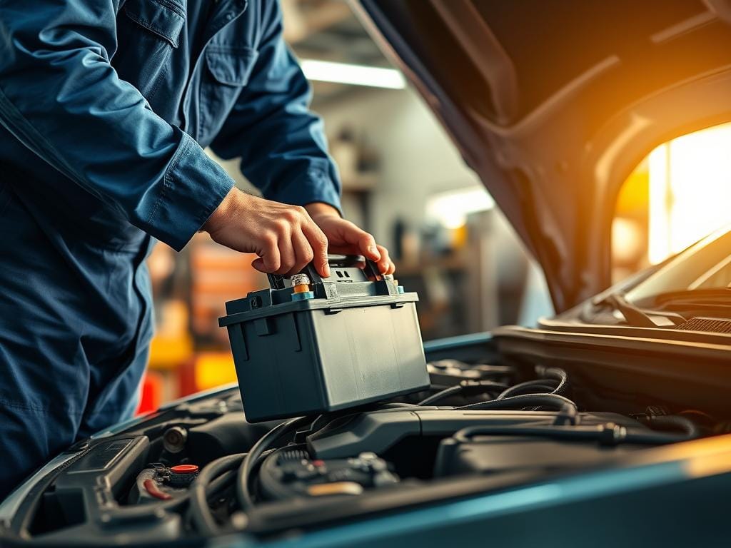 A realistic, high-quality image of a step-by-step process of changing a car battery. The scene takes place in a well-lit auto repair shop, with a worker wearing a blue jumpsuit carefully removing the old battery and replacing it with a new one. The foreground shows the worker's hands and the battery, while the middle ground depicts the car's engine bay and the background reveals the shop's tools and equipment. The lighting is warm and natural, capturing the details of the worker's actions and the car's components. The atmosphere conveys a sense of professionalism and attention to detail in the battery replacement process. A realistic, high-quality image of a step-by-step process of changing a car battery. The scene takes place in a well-lit auto repair shop, with a worker wearing a blue jumpsuit carefully removing the old battery and replacing it with a new one. The foreground shows the worker's hands and the battery, while the middle ground depicts the car's engine bay and the background reveals the shop's tools and equipment. The lighting is warm and natural, capturing the details of the worker's actions and the car's components. The atmosphere conveys a sense of professionalism and attention to detail in the battery replacement process.