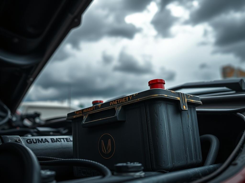 A realistic scene depicting the impact of Bogotá's climate on batteries. A mid-shot of a car engine compartment, with a prominent car battery, under an overcast sky. The battery appears distressed, with corrosion and discoloration, reflecting the harsh conditions of Bogotá's weather. In the background, dark storm clouds loom, hinting at the frequent rain and humidity that can wreak havoc on battery performance. The lighting is natural, with soft, diffused illumination, capturing the moody, atmospheric setting. The overall tone conveys the urgent need for battery replacement, as the critical role of batteries in Bogotá's transportation is emphasized. A realistic scene depicting the impact of Bogotá's climate on batteries. A mid-shot of a car engine compartment, with a prominent car battery, under an overcast sky. The battery appears distressed, with corrosion and discoloration, reflecting the harsh conditions of Bogotá's weather. In the background, dark storm clouds loom, hinting at the frequent rain and humidity that can wreak havoc on battery performance. The lighting is natural, with soft, diffused illumination, capturing the moody, atmospheric setting. The overall tone conveys the urgent need for battery replacement, as the critical role of batteries in Bogotá's transportation is emphasized.