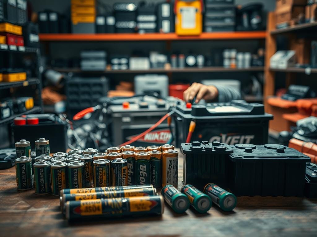 A realistically detailed image of various battery types in a well-lit workshop setting. In the foreground, an array of AA, AAA, and 9V batteries arranged neatly on a wooden workbench. In the middle ground, a technician's hands inspecting the terminals of a car battery, with tools and supplies nearby. In the background, shelves stocked with different sizes and models of batteries, softly illuminated. The overall mood is one of thoughtful, diligent maintenance, conveying the importance of proper battery care and longevity. A realistically detailed image of various battery types in a well-lit workshop setting. In the foreground, an array of AA, AAA, and 9V batteries arranged neatly on a wooden workbench. In the middle ground, a technician's hands inspecting the terminals of a car battery, with tools and supplies nearby. In the background, shelves stocked with different sizes and models of batteries, softly illuminated. The overall mood is one of thoughtful, diligent maintenance, conveying the importance of proper battery care and longevity.