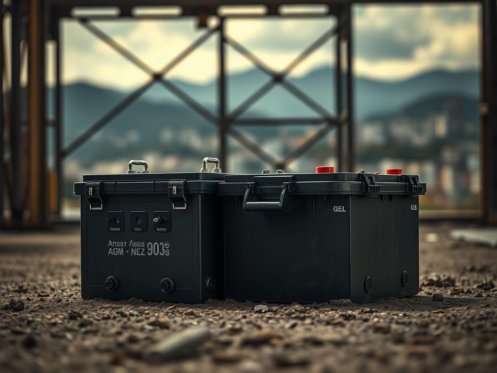 A rugged, weather-worn industrial-style image showcasing a set of heavy-duty batteries designed for extreme conditions in Bogotá. In the foreground, two thick, durable AGM and gel batteries sit on a gritty, textured surface, their terminals and connectors prominent. The middle ground features a steel frame or enclosure, hinting at the batteries' industrial application. In the background, a blurred cityscape of Bogotá's mountainous skyline, conveying the batteries' suitability for the region's challenging environment. Muted, earthy tones predominate, with dramatic lighting casting dramatic shadows to emphasize the batteries' rugged construction. The overall mood is one of reliability, resilience, and function-over-form design, perfectly suited for Bogotá's extreme conditions.