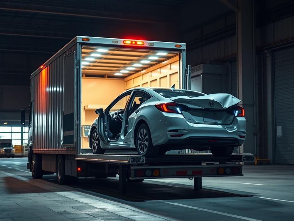 A secure transport truck carrying a damaged hybrid vehicle, its doors open to reveal the battery pack. The truck's cab is well-lit, casting a warm glow on the scene. The vehicle is positioned carefully, its wheels chocked and battery disconnected, signaling a meticulous, safety-first approach. The background is a dimly lit industrial warehouse, hinting at the need for a controlled environment. The overall mood conveys a sense of caution and professionalism, befitting the delicate nature of hybrid battery transport after an accident.