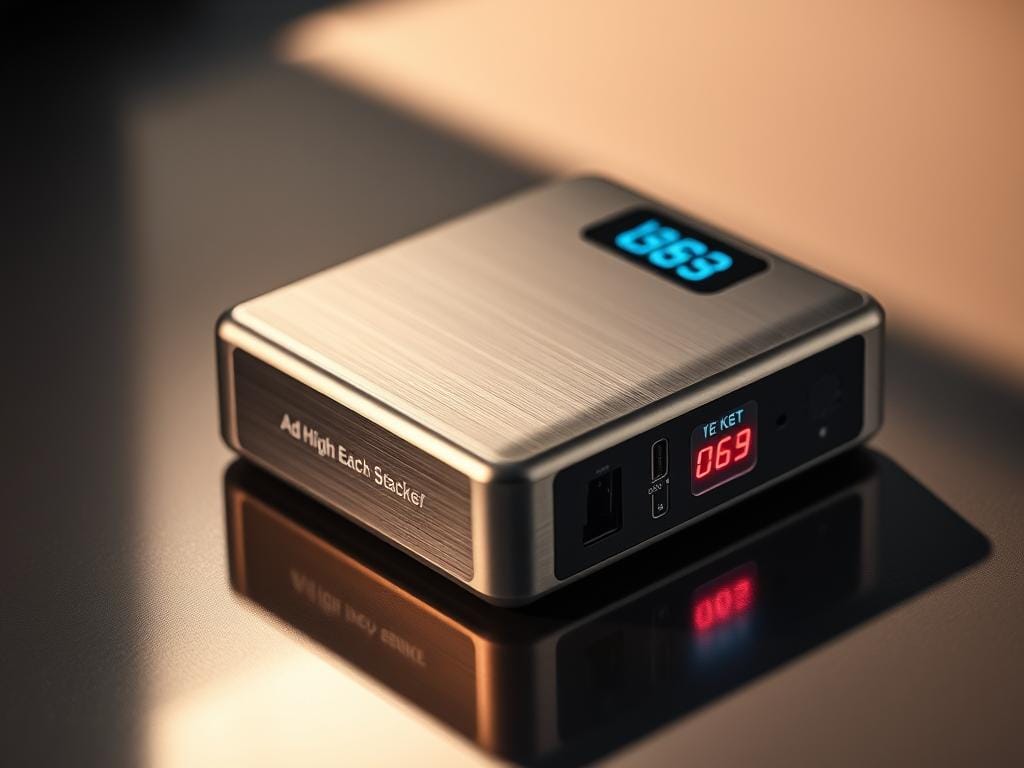 A sleek, high-capacity portable battery pack with a brushed metal chassis and a digital display showcasing its advanced features. The device sits on a reflective surface, casting a subtle shadow. Soft, warm lighting illuminates the battery's intricate circuitry and ports, highlighting its technical prowess. The overall composition conveys a sense of modern design and reliable performance, perfectly suited to power devices during unexpected emergencies on the road. A sleek, high-capacity portable battery pack with a brushed metal chassis and a digital display showcasing its advanced features. The device sits on a reflective surface, casting a subtle shadow. Soft, warm lighting illuminates the battery's intricate circuitry and ports, highlighting its technical prowess. The overall composition conveys a sense of modern design and reliable performance, perfectly suited to power devices during unexpected emergencies on the road.