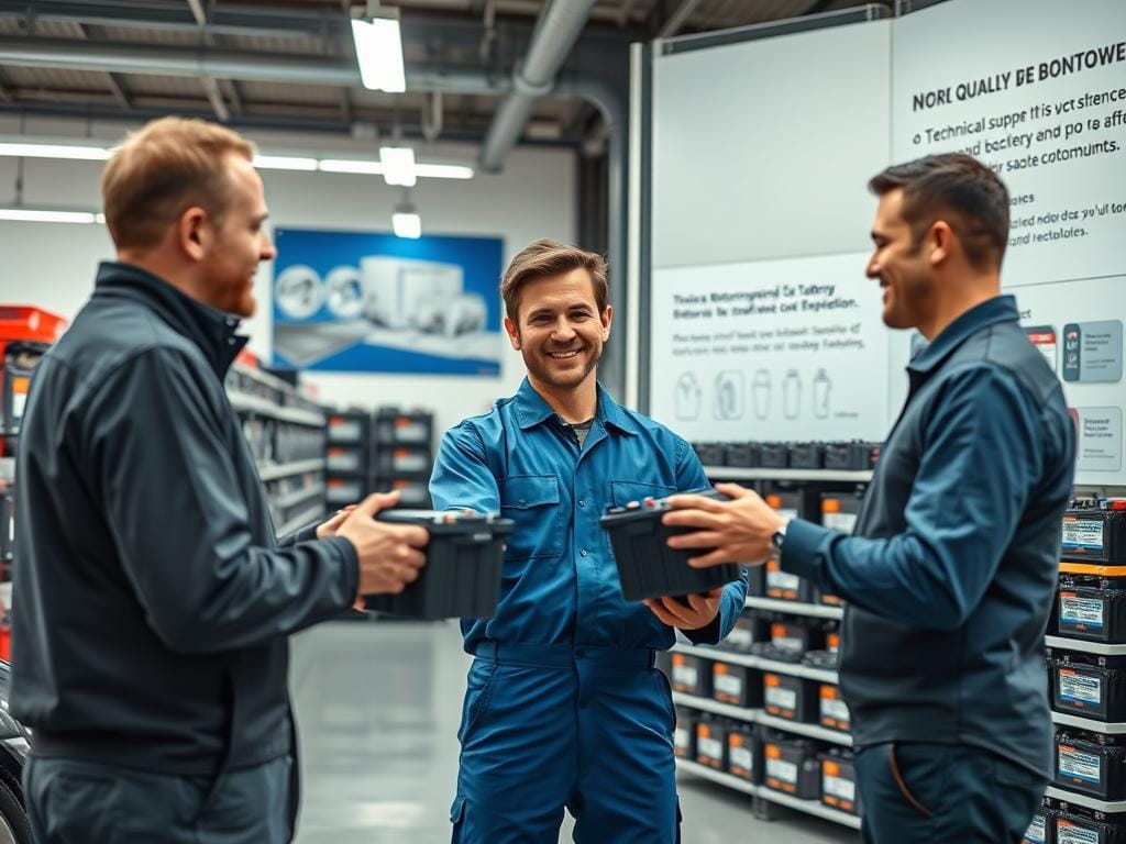 A sleek, modern automobile workshop interior with bright, task-oriented lighting. In the foreground, a mechanic in a crisp, blue uniform is handing over a car battery to a customer, their expressions conveying a sense of professionalism and trust. In the middle ground, rows of neatly organized shelves display an array of high-quality batteries, their packaging showcasing technical specifications and warranty details. The background features a wall-mounted display highlighting the company's commitment to technical support and after-sales service, with detailed schematics and diagrams. The overall scene exudes a sense of reliability, attention to detail, and a dedication to providing excellent customer care. A sleek, modern automobile workshop interior with bright, task-oriented lighting. In the foreground, a mechanic in a crisp, blue uniform is handing over a car battery to a customer, their expressions conveying a sense of professionalism and trust. In the middle ground, rows of neatly organized shelves display an array of high-quality batteries, their packaging showcasing technical specifications and warranty details. The background features a wall-mounted display highlighting the company's commitment to technical support and after-sales service, with detailed schematics and diagrams. The overall scene exudes a sense of reliability, attention to detail, and a dedication to providing excellent customer care.