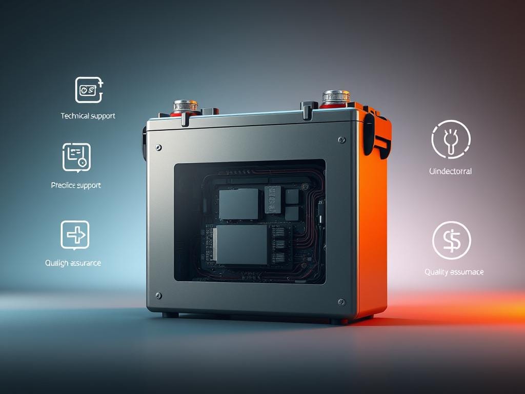 A sleek, modern battery pack takes center stage, its metallic casing gleaming under warm studio lighting. Intricate circuitry and precision-engineered components are visible through a transparent panel, showcasing the advanced technology within. The background features a subtle gradient, transitioning from a soft blue to a cool gray, creating a sense of depth and professionalism. Surrounding the battery are various icons and symbols representing technical support, warranty, and quality assurance - all conveying a message of reliability and exceptional customer care. The overall composition exudes a tone of confidence, technical expertise, and a commitment to providing a comprehensive solution for hybrid vehicle batteries. A sleek, modern battery pack takes center stage, its metallic casing gleaming under warm studio lighting. Intricate circuitry and precision-engineered components are visible through a transparent panel, showcasing the advanced technology within. The background features a subtle gradient, transitioning from a soft blue to a cool gray, creating a sense of depth and professionalism. Surrounding the battery are various icons and symbols representing technical support, warranty, and quality assurance - all conveying a message of reliability and exceptional customer care. The overall composition exudes a tone of confidence, technical expertise, and a commitment to providing a comprehensive solution for hybrid vehicle batteries.