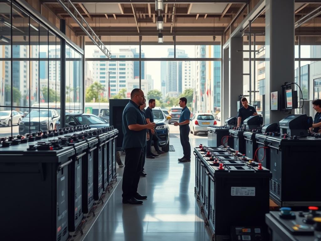 A sleek, modern battery service center set against a vibrant urban backdrop. In the foreground, a row of high-capacity batteries stand ready for quick, efficient swaps. Technicians in crisp uniforms guide customers through the process, their movements choreographed for maximum convenience. The middle ground showcases the service bays, filled with state-of-the-art diagnostic equipment and specialized tools. Overhead, large windows flood the space with natural light, creating a welcoming, professional atmosphere. In the background, the bustling streets of Bogotá are visible, underscoring the centrality of this service to the city's transportation needs. The scene conveys the advantages of this battery swap service - speed, reliability, and a commitment to supporting the community's mobility. A sleek, modern battery service center set against a vibrant urban backdrop. In the foreground, a row of high-capacity batteries stand ready for quick, efficient swaps. Technicians in crisp uniforms guide customers through the process, their movements choreographed for maximum convenience. The middle ground showcases the service bays, filled with state-of-the-art diagnostic equipment and specialized tools. Overhead, large windows flood the space with natural light, creating a welcoming, professional atmosphere. In the background, the bustling streets of Bogotá are visible, underscoring the centrality of this service to the city's transportation needs. The scene conveys the advantages of this battery swap service - speed, reliability, and a commitment to supporting the community's mobility.