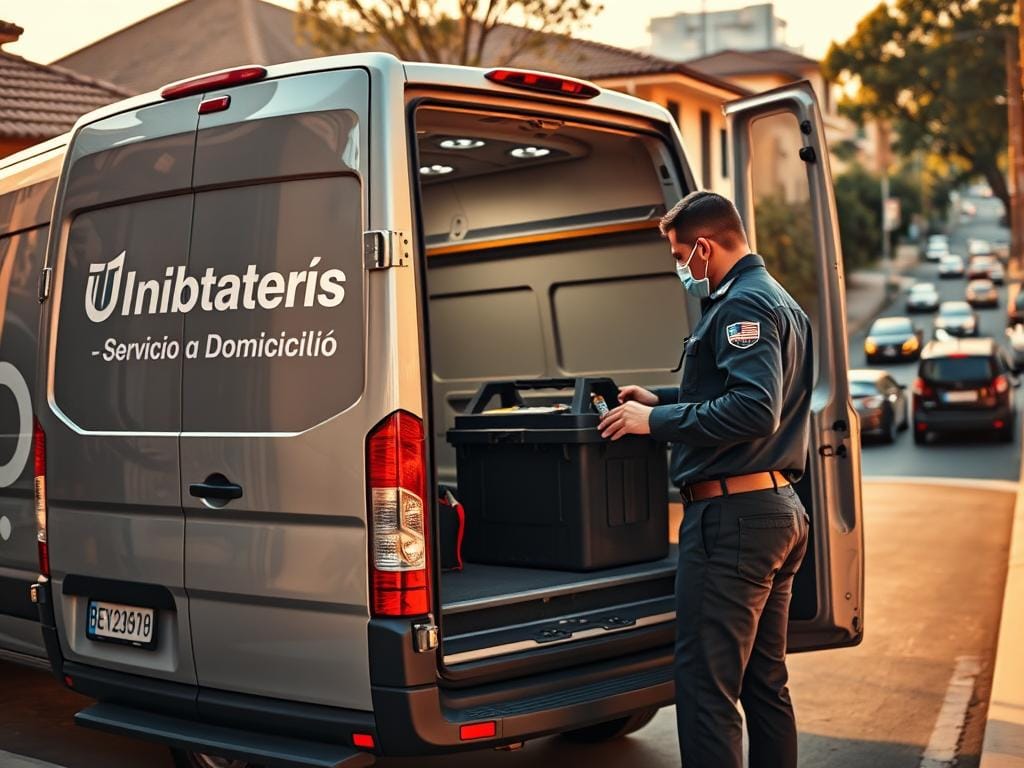 A sleek, modern delivery van pulls up to a residential home, its logo proudly displaying "UniBaterías - Servicio a Domicilio". A uniformed technician carefully removes a heavy-duty car battery from the van's storage compartment, ready to provide on-site replacement and installation for the homeowner. The scene is bathed in warm, natural lighting, showcasing the van's gleaming silver finish and the technician's attentive, professional demeanor. In the background, the bustling streets of Bogotá are visible, a testament to the heavy-duty nature of the batteries being delivered. The image conveys the convenience, expertise, and reliability of UniBaterías' exclusive at-home battery service, perfectly complementing the article's focus on Bogotá's tough battery demands. A sleek, modern delivery van pulls up to a residential home, its logo proudly displaying "UniBaterías - Servicio a Domicilio". A uniformed technician carefully removes a heavy-duty car battery from the van's storage compartment, ready to provide on-site replacement and installation for the homeowner. The scene is bathed in warm, natural lighting, showcasing the van's gleaming silver finish and the technician's attentive, professional demeanor. In the background, the bustling streets of Bogotá are visible, a testament to the heavy-duty nature of the batteries being delivered. The image conveys the convenience, expertise, and reliability of UniBaterías' exclusive at-home battery service, perfectly complementing the article's focus on Bogotá's tough battery demands.
