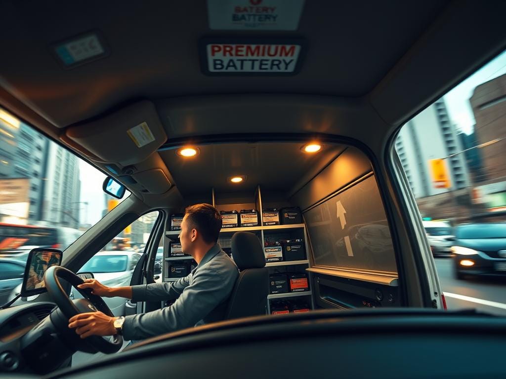 A sleek, modern delivery van swiftly navigates the bustling streets of Bogotá, its roof emblazoned with the logo of a premium battery service. The driver, clad in a crisp uniform, carefully maneuvers through traffic, ensuring the rapid and reliable delivery of high-quality batteries to customers in the city's coldest regions. The van's interior is meticulously organized, with shelves stocked with a diverse array of battery options, catering to the specific needs of local drivers. Warm, diffused lighting illuminates the scene, creating a sense of efficiency and professionalism. In the background, the vibrant cityscape of Bogotá serves as a backdrop, hinting at the expansive reach of this specialized delivery service. A sleek, modern delivery van swiftly navigates the bustling streets of Bogotá, its roof emblazoned with the logo of a premium battery service. The driver, clad in a crisp uniform, carefully maneuvers through traffic, ensuring the rapid and reliable delivery of high-quality batteries to customers in the city's coldest regions. The van's interior is meticulously organized, with shelves stocked with a diverse array of battery options, catering to the specific needs of local drivers. Warm, diffused lighting illuminates the scene, creating a sense of efficiency and professionalism. In the background, the vibrant cityscape of Bogotá serves as a backdrop, hinting at the expansive reach of this specialized delivery service.