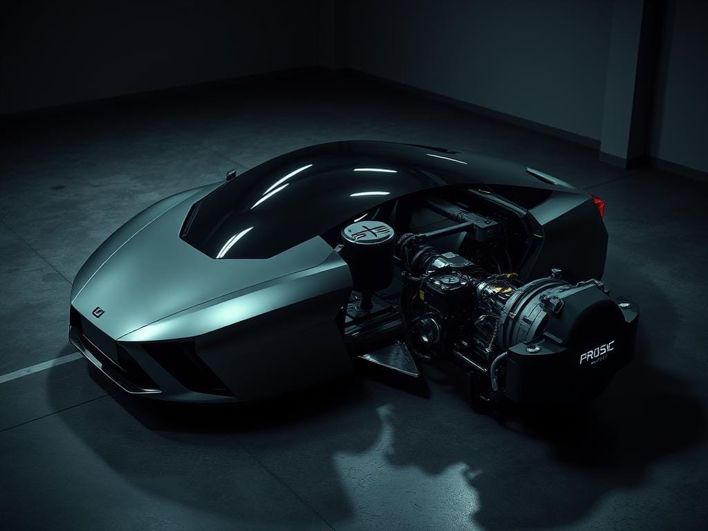 A sleek, modern hybrid vehicle rests on a dark garage floor, its engine silent. The vehicle's hybrid powertrain is the focus, with the battery pack and electric motor components prominently displayed. The lighting is soft and directional, casting subtle shadows that highlight the vehicle's contours and the intricate engineering details. The scene conveys a sense of technical complexity and the importance of proper emergency protocols for these advanced propulsion systems. The overall tone is one of seriousness and professionalism, befitting the subject matter.