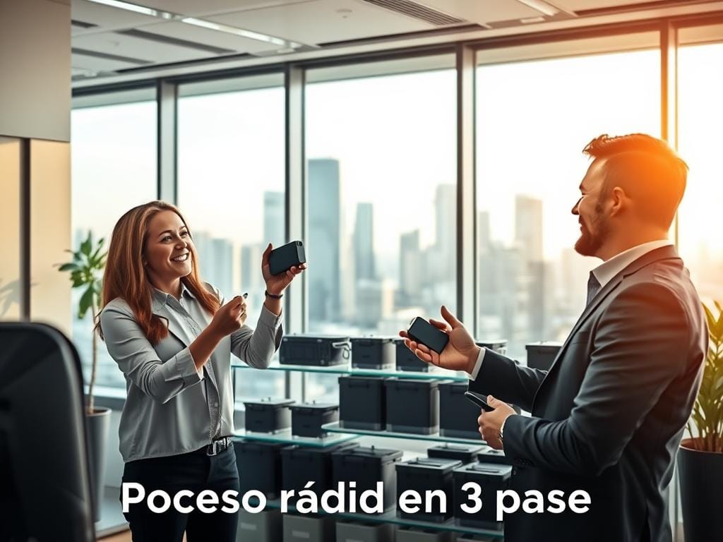 A sleek, modern office interior with a clean, minimalist aesthetic. In the foreground, a salesperson is enthusiastically demonstrating the features of a high-capacity battery pack to a customer, their expressions animated as they discuss the product's specifications. The middle ground showcases various battery sizes and models neatly arranged on a display shelf, conveying a sense of efficiency and professionalism. The background features large windows overlooking a bustling city skyline, bathed in warm, natural lighting that lends a sense of energy and urgency to the scene. The overall mood is one of streamlined, seamless battery procurement, reflecting the "Proceso rápido en 3 pasos" theme. A sleek, modern office interior with a clean, minimalist aesthetic. In the foreground, a salesperson is enthusiastically demonstrating the features of a high-capacity battery pack to a customer, their expressions animated as they discuss the product's specifications. The middle ground showcases various battery sizes and models neatly arranged on a display shelf, conveying a sense of efficiency and professionalism. The background features large windows overlooking a bustling city skyline, bathed in warm, natural lighting that lends a sense of energy and urgency to the scene. The overall mood is one of streamlined, seamless battery procurement, reflecting the "Proceso rápido en 3 pasos" theme.