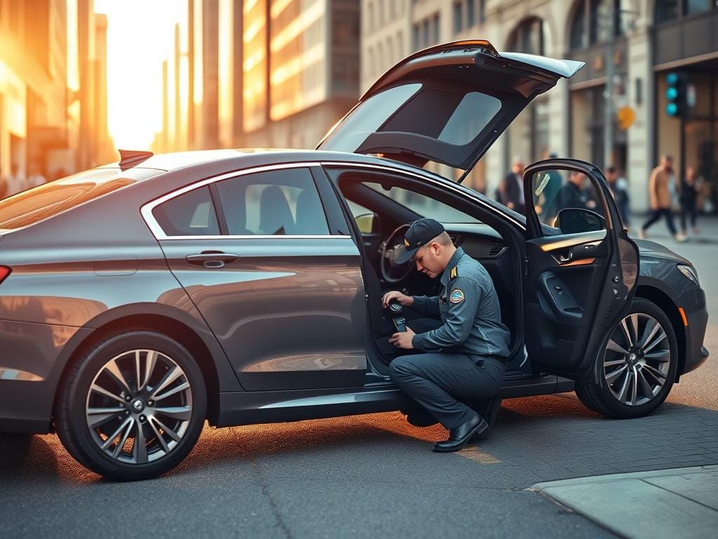 A sleek, modern sedan parked on a city street, its driver's side door open, with a uniformed technician kneeling beside the open engine compartment, carefully inspecting the battery. The scene is bathed in warm, golden afternoon light, casting long shadows and creating a sense of urgency and professionalism. In the background, blurred city buildings and pedestrians create a bustling urban atmosphere, hinting at the convenience and accessibility of this on-demand battery service. The image conveys the reliable, hassle-free experience of having a skilled technician arrive promptly to address a battery-related emergency.