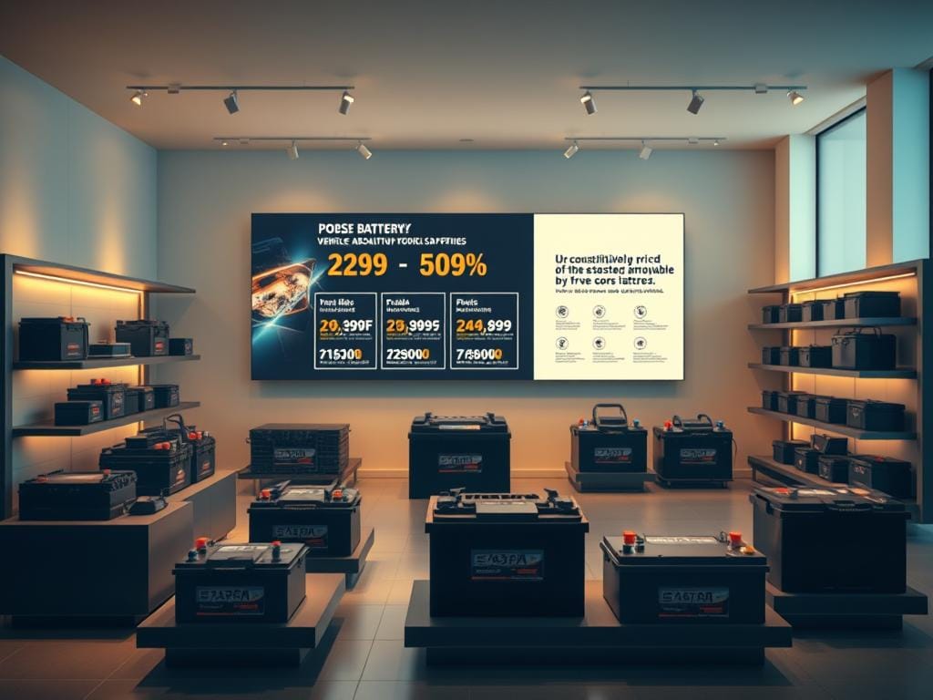 A sleek, modern showroom showcasing a range of competitively priced vehicle batteries, bathed in warm, diffused lighting that highlights their robust construction and premium finishes. In the foreground, a selection of batteries in various sizes and capacities are artfully displayed on stylish, minimalist shelves, inviting the viewer to examine their features. The middle ground features a large, high-resolution display showcasing detailed specifications and promotional offers, drawing the eye towards the center of the composition. The background is a clean, uncluttered space with neutral tones, allowing the batteries and their associated branding to take center stage and convey a sense of quality and value. A sleek, modern showroom showcasing a range of competitively priced vehicle batteries, bathed in warm, diffused lighting that highlights their robust construction and premium finishes. In the foreground, a selection of batteries in various sizes and capacities are artfully displayed on stylish, minimalist shelves, inviting the viewer to examine their features. The middle ground features a large, high-resolution display showcasing detailed specifications and promotional offers, drawing the eye towards the center of the composition. The background is a clean, uncluttered space with neutral tones, allowing the batteries and their associated branding to take center stage and convey a sense of quality and value.