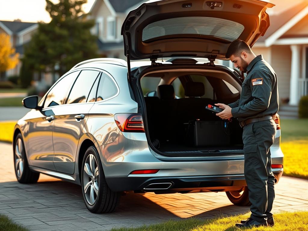 A sleek, modern silver sedan parked in front of a residential home, its trunk open to reveal a well-equipped battery testing and replacement service. In the foreground, a professional mechanic, dressed in a clean uniform, carefully inspects the battery with a handheld device, providing a comprehensive diagnosis. The scene is bathed in warm, natural lighting, conveying a sense of efficiency and trust. The background features a neatly manicured lawn and a tranquil suburban neighborhood, emphasizing the convenience and accessibility of this on-site battery service. The overall mood is one of reliability, customer-focused attention, and a seamless, hassle-free experience for the homeowner. A sleek, modern silver sedan parked in front of a residential home, its trunk open to reveal a well-equipped battery testing and replacement service. In the foreground, a professional mechanic, dressed in a clean uniform, carefully inspects the battery with a handheld device, providing a comprehensive diagnosis. The scene is bathed in warm, natural lighting, conveying a sense of efficiency and trust. The background features a neatly manicured lawn and a tranquil suburban neighborhood, emphasizing the convenience and accessibility of this on-site battery service. The overall mood is one of reliability, customer-focused attention, and a seamless, hassle-free experience for the homeowner.