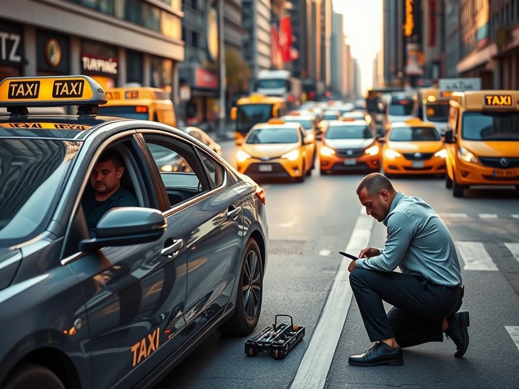 A sleek, modern taxi parked on a bustling city street, its driver consulting a smartphone app to request a battery replacement service. In the foreground, a uniformed technician kneels beside the vehicle, inspecting the battery compartment with a toolkit. The scene is bathed in warm, natural lighting, conveying a sense of efficiency and professionalism. In the background, a mix of other taxis and public transportation vehicles create a vibrant urban backdrop, emphasizing the importance of this on-demand battery service to the city's transportation network. A sleek, modern taxi parked on a bustling city street, its driver consulting a smartphone app to request a battery replacement service. In the foreground, a uniformed technician kneels beside the vehicle, inspecting the battery compartment with a toolkit. The scene is bathed in warm, natural lighting, conveying a sense of efficiency and professionalism. In the background, a mix of other taxis and public transportation vehicles create a vibrant urban backdrop, emphasizing the importance of this on-demand battery service to the city's transportation network.