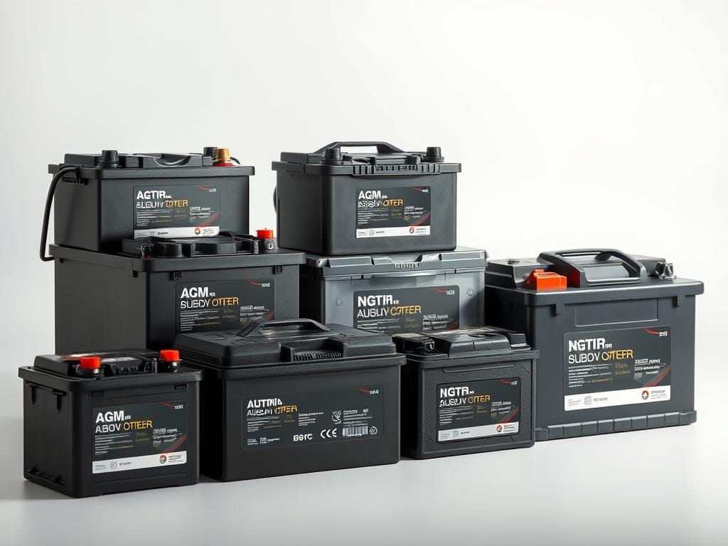 A sleek, well-lit close-up shot of various car battery types arranged in a visually appealing display. The batteries should be showcased against a clean, neutral background that allows their design and technical features to shine. Include a range of common automotive battery sizes and technologies, such as lead-acid, AGM, and lithium-ion, each presented with clear, informative labeling. The overall composition should convey a sense of professionalism and attention to detail, reflecting the specialized offerings mentioned in the article's section title. Subtle shadows and highlights should accentuate the tactile, realistic textures of the batteries. The lighting should be natural and evenly distributed, creating a bright, inviting atmosphere. A sleek, well-lit close-up shot of various car battery types arranged in a visually appealing display. The batteries should be showcased against a clean, neutral background that allows their design and technical features to shine. Include a range of common automotive battery sizes and technologies, such as lead-acid, AGM, and lithium-ion, each presented with clear, informative labeling. The overall composition should convey a sense of professionalism and attention to detail, reflecting the specialized offerings mentioned in the article's section title. Subtle shadows and highlights should accentuate the tactile, realistic textures of the batteries. The lighting should be natural and evenly distributed, creating a bright, inviting atmosphere.