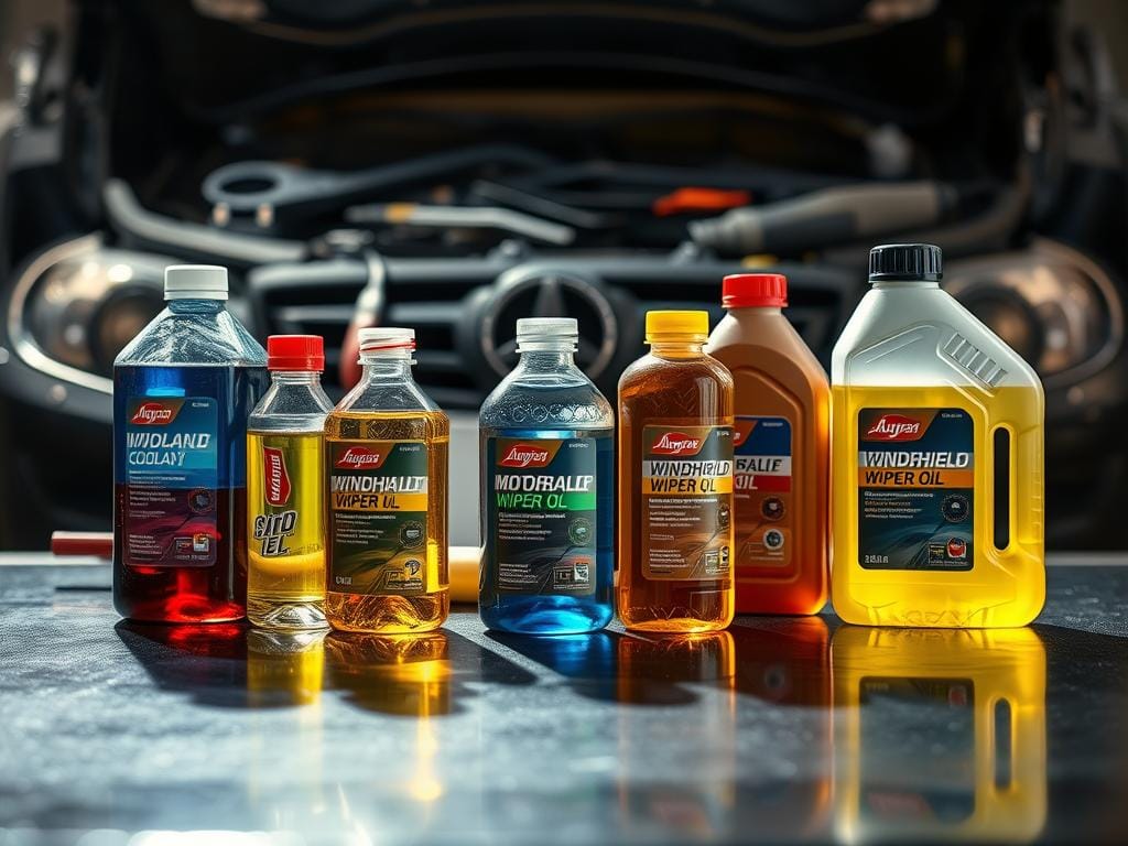 A still life arrangement showcasing essential automotive fluids for the winter season. In the foreground, glass bottles filled with vibrant, translucent liquids - coolant, windshield wiper fluid, and motor oil - arranged neatly on a dark, reflective surface. The middle ground features a set of tools and a car part, hinting at the maintenance and preparation required. The background is softly blurred, conveying a sense of focus and attention to detail. The lighting is natural, casting warm, diffused shadows that accentuate the textures and colors of the subjects. The overall mood is one of organization, preparedness, and the care required to maintain a vehicle during the winter months in Bogotá. A still life arrangement showcasing essential automotive fluids for the winter season. In the foreground, glass bottles filled with vibrant, translucent liquids - coolant, windshield wiper fluid, and motor oil - arranged neatly on a dark, reflective surface. The middle ground features a set of tools and a car part, hinting at the maintenance and preparation required. The background is softly blurred, conveying a sense of focus and attention to detail. The lighting is natural, casting warm, diffused shadows that accentuate the textures and colors of the subjects. The overall mood is one of organization, preparedness, and the care required to maintain a vehicle during the winter months in Bogotá.
