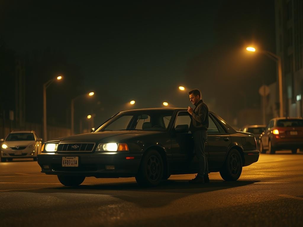 A stranded car with a dead battery on a dimly lit city street at night. The driver, a worried-looking person, stands beside the vehicle, phone in hand, trying to call for roadside assistance. The scene is bathed in the warm glow of streetlights, casting long shadows and creating a sense of isolation. In the background, the silhouettes of nearby buildings and the faint outline of other cars create a sense of urban environment. The overall mood is one of concern and uncertainty, highlighting the need for reliable emergency battery services. A stranded car with a dead battery on a dimly lit city street at night. The driver, a worried-looking person, stands beside the vehicle, phone in hand, trying to call for roadside assistance. The scene is bathed in the warm glow of streetlights, casting long shadows and creating a sense of isolation. In the background, the silhouettes of nearby buildings and the faint outline of other cars create a sense of urban environment. The overall mood is one of concern and uncertainty, highlighting the need for reliable emergency battery services.