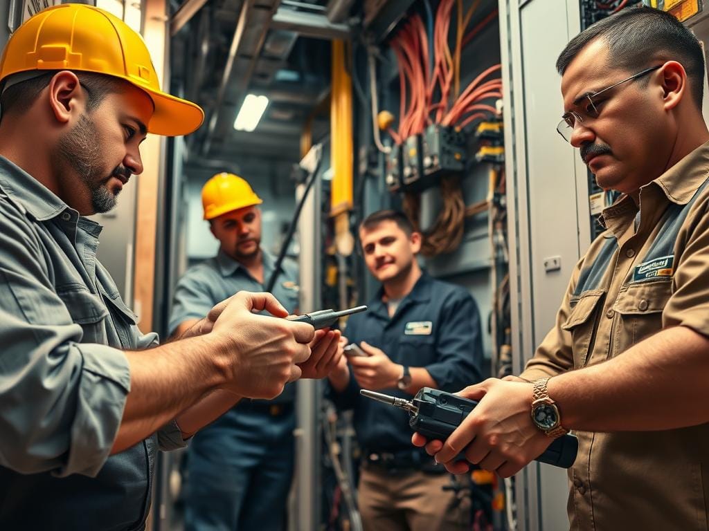 A team of certified electrical technicians diligently inspecting and repairing a complex commercial electrical system. The foreground shows their hands skillfully handling tools and components, conveying their expertise. The middle ground depicts the technicians in their uniforms, focused expressions, and safe worksite practices. The background showcases the intricate wiring, panels, and machinery of the electrical infrastructure they maintain. Warm, directional lighting illuminates the scene, creating depth and emphasizing the technicians' competence. The overall atmosphere exudes professionalism, technical mastery, and a commitment to safety and reliability in servicing critical electrical systems. A team of certified electrical technicians diligently inspecting and repairing a complex commercial electrical system. The foreground shows their hands skillfully handling tools and components, conveying their expertise. The middle ground depicts the technicians in their uniforms, focused expressions, and safe worksite practices. The background showcases the intricate wiring, panels, and machinery of the electrical infrastructure they maintain. Warm, directional lighting illuminates the scene, creating depth and emphasizing the technicians' competence. The overall atmosphere exudes professionalism, technical mastery, and a commitment to safety and reliability in servicing critical electrical systems.
