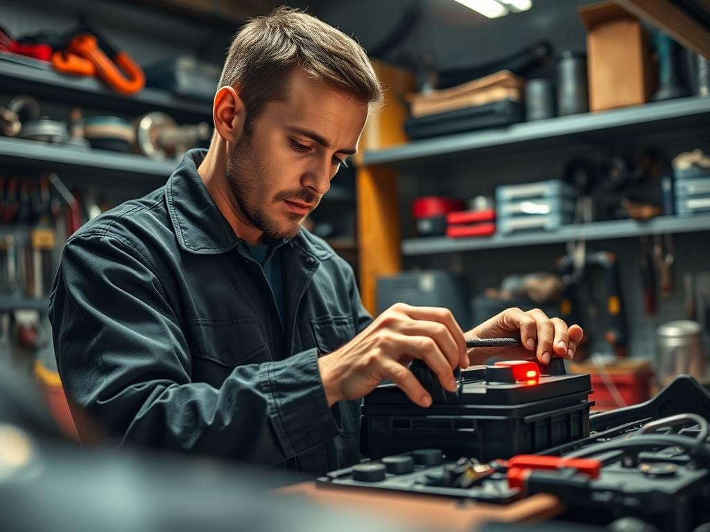 A technician in a well-equipped workshop, surrounded by shelves of tools and spare parts, meticulously inspects a car battery under bright task lighting. The scene conveys a sense of expertise and efficiency, with the technician's focused expression and the organized, professional environment suggesting a reliable and specialized service. The lighting casts dramatic shadows, emphasizing the intricate details of the battery and the technician's hands as they assess its condition. The overall impression is one of a skilled, dedicated team ready to provide rapid, expert battery installation for emergency situations. A technician in a well-equipped workshop, surrounded by shelves of tools and spare parts, meticulously inspects a car battery under bright task lighting. The scene conveys a sense of expertise and efficiency, with the technician's focused expression and the organized, professional environment suggesting a reliable and specialized service. The lighting casts dramatic shadows, emphasizing the intricate details of the battery and the technician's hands as they assess its condition. The overall impression is one of a skilled, dedicated team ready to provide rapid, expert battery installation for emergency situations.