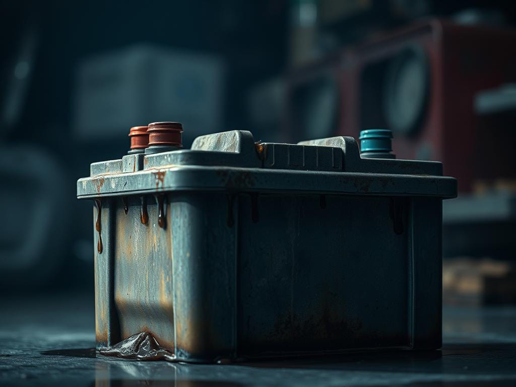A weathered car battery, its surface marred by corrosion, sits against a backdrop of a dimly lit garage. The terminals are discolored, and the casing shows signs of wear and tear. Droplets of liquid seep from the sides, indicating a potential leak. The lighting is hazy, casting an ominous glow over the scene, emphasizing the deterioration. The battery's once-vibrant hue has faded, and its overall appearance conveys a sense of neglect and the need for replacement. The composition focuses on the battery, placing it in the center of the frame, with the surrounding garage environment providing context and a sense of setting. A weathered car battery, its surface marred by corrosion, sits against a backdrop of a dimly lit garage. The terminals are discolored, and the casing shows signs of wear and tear. Droplets of liquid seep from the sides, indicating a potential leak. The lighting is hazy, casting an ominous glow over the scene, emphasizing the deterioration. The battery's once-vibrant hue has faded, and its overall appearance conveys a sense of neglect and the need for replacement. The composition focuses on the battery, placing it in the center of the frame, with the surrounding garage environment providing context and a sense of setting.