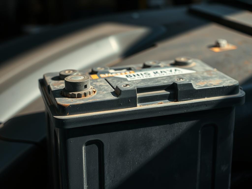 A weathered car battery, its terminals oxidized and dull, sits against a backdrop of a dimly lit garage. The battery's surface is pockmarked and discolored, hinting at its diminished capacity. Shadows cast by the sparse lighting create a sense of age and neglect, while a faint hint of condensation on the battery's casing suggests its labored state. The overall scene conveys a sense of urgency, underscoring the need for a replacement to ensure reliable starting power and the continued operation of the vehicle. A weathered car battery, its terminals oxidized and dull, sits against a backdrop of a dimly lit garage. The battery's surface is pockmarked and discolored, hinting at its diminished capacity. Shadows cast by the sparse lighting create a sense of age and neglect, while a faint hint of condensation on the battery's casing suggests its labored state. The overall scene conveys a sense of urgency, underscoring the need for a replacement to ensure reliable starting power and the continued operation of the vehicle.