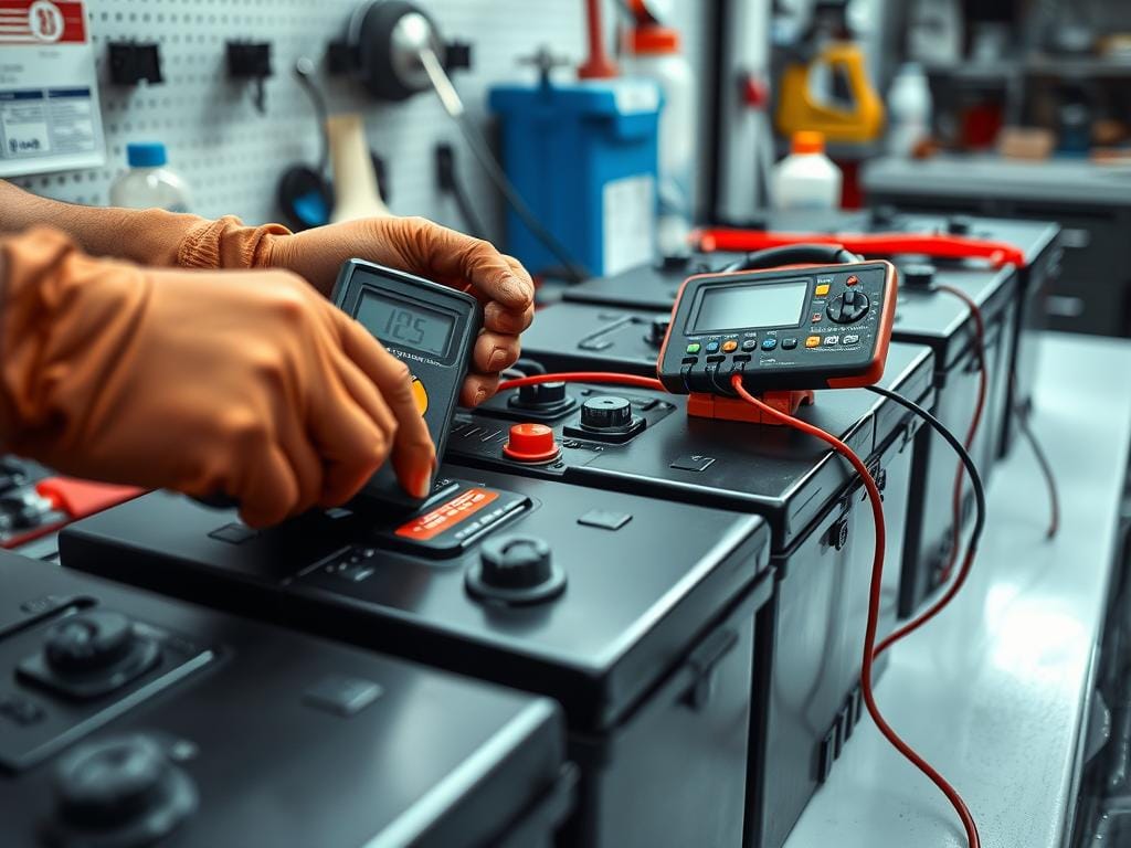 A well-lit, close-up view of a set of car batteries undergoing preventive maintenance in a professional automotive workshop in Bogotá. The mechanic's hands, wearing protective gloves, are carefully cleaning the battery terminals and checking the charge levels using a digital multimeter. The batteries are neatly arranged on a clean workbench, with various maintenance tools and products like distilled water and battery cleaner visible in the background. The scene conveys a sense of meticulous attention to detail and a commitment to ensuring the optimal performance and longevity of the batteries in Bogotá's challenging climate. A well-lit, close-up view of a set of car batteries undergoing preventive maintenance in a professional automotive workshop in Bogotá. The mechanic's hands, wearing protective gloves, are carefully cleaning the battery terminals and checking the charge levels using a digital multimeter. The batteries are neatly arranged on a clean workbench, with various maintenance tools and products like distilled water and battery cleaner visible in the background. The scene conveys a sense of meticulous attention to detail and a commitment to ensuring the optimal performance and longevity of the batteries in Bogotá's challenging climate.