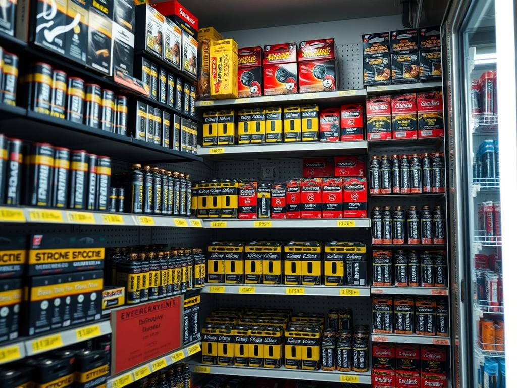 A well-lit display of emergency batteries in a hardware store in Bogotá, Colombia. The shelves are stocked with a variety of battery sizes and types, including rechargeable and disposable options. The lighting is bright and even, highlighting the products' details and colors. The camera angle is slightly elevated, providing a clear view of the entire display. The atmosphere is one of functionality and preparedness, with a touch of urban sophistication. The batteries appear sleek, modern, and high-quality, reflecting the special offers available to consumers in the city. A well-lit display of emergency batteries in a hardware store in Bogotá, Colombia. The shelves are stocked with a variety of battery sizes and types, including rechargeable and disposable options. The lighting is bright and even, highlighting the products' details and colors. The camera angle is slightly elevated, providing a clear view of the entire display. The atmosphere is one of functionality and preparedness, with a touch of urban sophistication. The batteries appear sleek, modern, and high-quality, reflecting the special offers available to consumers in the city.