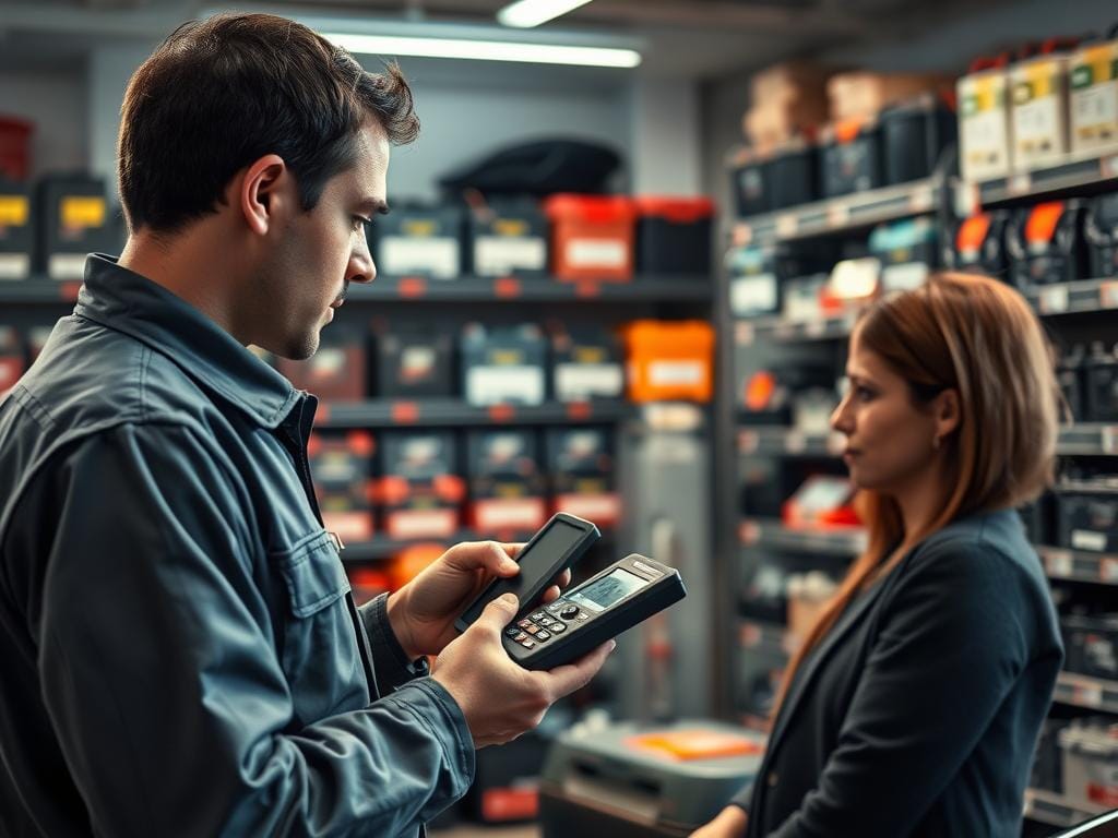 A well-lit, high-resolution image of a technician in a clean, professional auto parts shop providing detailed technical consultation on car batteries to a customer. The technician is dressed in a company uniform, using specialized diagnostic tools to assess the battery's condition. The customer is engaged, listening intently. The background features neatly organized shelves of various automotive batteries. Warm, inviting lighting and a sense of expertise and care convey the shop's commitment to technical assistance without additional cost. A well-lit, high-resolution image of a technician in a clean, professional auto parts shop providing detailed technical consultation on car batteries to a customer. The technician is dressed in a company uniform, using specialized diagnostic tools to assess the battery's condition. The customer is engaged, listening intently. The background features neatly organized shelves of various automotive batteries. Warm, inviting lighting and a sense of expertise and care convey the shop's commitment to technical assistance without additional cost.