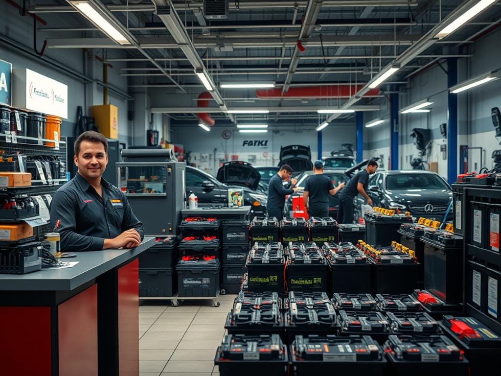 A well-lit, high-resolution photograph of a professional auto parts and battery service center in Bogotá, Colombia. The scene depicts a modern, well-equipped workshop with state-of-the-art diagnostic equipment and experienced technicians working on a variety of car batteries. The foreground shows a customer service counter with a friendly staff member assisting a client. The middle ground showcases rows of neatly organized battery products and accessories. In the background, the workshop area is visible, with mechanics carefully inspecting and servicing various vehicle batteries. The overall atmosphere conveys a sense of expertise, reliability, and customer-centric service. A well-lit, high-resolution photograph of a professional auto parts and battery service center in Bogotá, Colombia. The scene depicts a modern, well-equipped workshop with state-of-the-art diagnostic equipment and experienced technicians working on a variety of car batteries. The foreground shows a customer service counter with a friendly staff member assisting a client. The middle ground showcases rows of neatly organized battery products and accessories. In the background, the workshop area is visible, with mechanics carefully inspecting and servicing various vehicle batteries. The overall atmosphere conveys a sense of expertise, reliability, and customer-centric service.