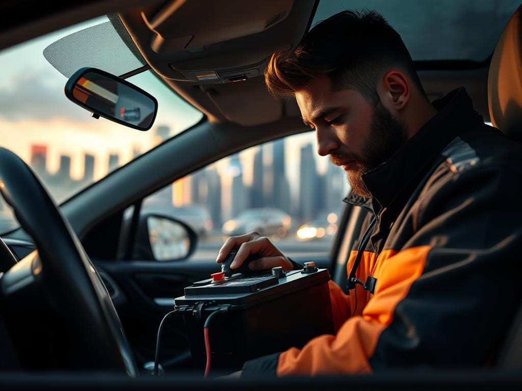 A well-lit, realistic close-up of a technician performing battery replacement service in a customer's car. The technician is carefully connecting the new battery, surrounded by tools and equipment. In the background, a modern city skyline is visible through the car's windshield, suggesting a domestic, on-site service. The scene conveys a sense of professionalism, efficiency, and the convenience of having a mobile battery service delivered directly to the customer's location.