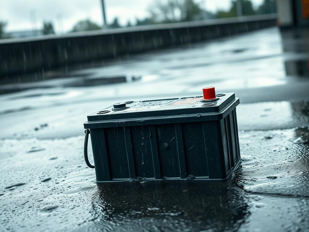 A wet, rain-soaked car battery lies on a wet, concrete surface, surrounded by puddles and a gloomy, overcast sky. Raindrops cascade down the battery's metal casing, creating a sense of dampness and exposure to the elements. The scene is illuminated by a soft, diffused natural light, casting subtle shadows and highlights that accentuate the battery's texture and condition. The overall atmosphere conveys a sense of vulnerability and the need for preventative measures to protect the battery during the rainy season. A wet, rain-soaked car battery lies on a wet, concrete surface, surrounded by puddles and a gloomy, overcast sky. Raindrops cascade down the battery's metal casing, creating a sense of dampness and exposure to the elements. The scene is illuminated by a soft, diffused natural light, casting subtle shadows and highlights that accentuate the battery's texture and condition. The overall atmosphere conveys a sense of vulnerability and the need for preventative measures to protect the battery during the rainy season.