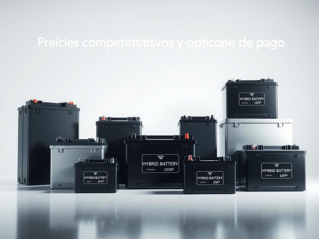 A wide display showcasing a range of hybrid vehicle batteries, with sleek, modern designs and varied sizes. The batteries are positioned against a bright, minimalist background, allowing their technical details and competitive pricing to take center stage. Soft, directional lighting accentuates the batteries' metallic finishes, creating a sense of high-quality and precision engineering. The composition is balanced, with the batteries arranged in a visually appealing layout that invites the viewer to explore the options. The overall atmosphere conveys a sense of reliability, innovation, and value, perfectly suited to illustrate the "Precios competitivos y opciones de pago" section of the article. A wide display showcasing a range of hybrid vehicle batteries, with sleek, modern designs and varied sizes. The batteries are positioned against a bright, minimalist background, allowing their technical details and competitive pricing to take center stage. Soft, directional lighting accentuates the batteries' metallic finishes, creating a sense of high-quality and precision engineering. The composition is balanced, with the batteries arranged in a visually appealing layout that invites the viewer to explore the options. The overall atmosphere conveys a sense of reliability, innovation, and value, perfectly suited to illustrate the "Precios competitivos y opciones de pago" section of the article.