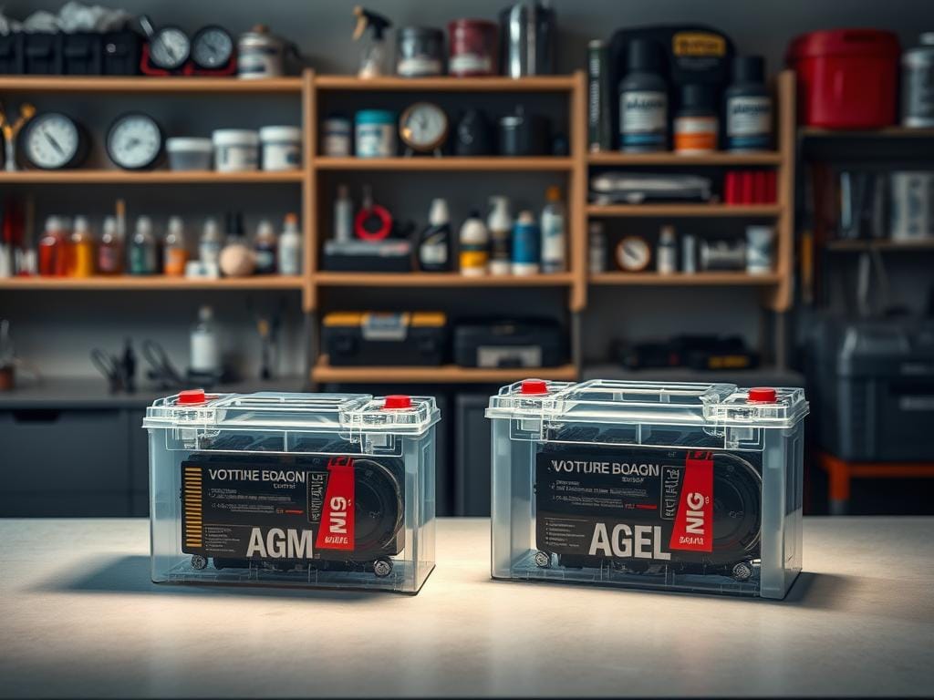 A workshop-like setting with a well-lit table displaying two AGM and two gel batteries, their internal components visibly exposed. In the background, shelves stocked with various battery maintenance tools and accessories, such as hydrometers, voltmeters, and cleaning supplies. Soft, directional lighting casts subtle shadows, emphasizing the intricate details of the battery cells. The overall atmosphere conveys a sense of technical expertise and care, suitable for illustrating the "Mantenimiento y requisitos de cuidado" section of the article on the advantages of AGM and gel batteries in Bogotá's extreme conditions.