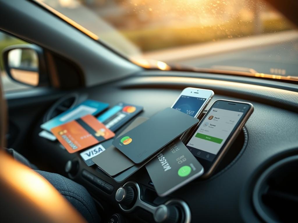 An assortment of modern payment methods displayed on the dashboard of a compact car, showcasing a variety of options such as credit/debit cards, digital wallets, and mobile payment apps. The lighting is soft and natural, creating a warm and inviting atmosphere. The angle captures the payment methods from a slightly elevated perspective, highlighting their prominence and accessibility within the vehicle's interior. The overall scene conveys a sense of efficiency and convenience, reflecting the ease of payment options available for battery installation services. An assortment of modern payment methods displayed on the dashboard of a compact car, showcasing a variety of options such as credit/debit cards, digital wallets, and mobile payment apps. The lighting is soft and natural, creating a warm and inviting atmosphere. The angle captures the payment methods from a slightly elevated perspective, highlighting their prominence and accessibility within the vehicle's interior. The overall scene conveys a sense of efficiency and convenience, reflecting the ease of payment options available for battery installation services.