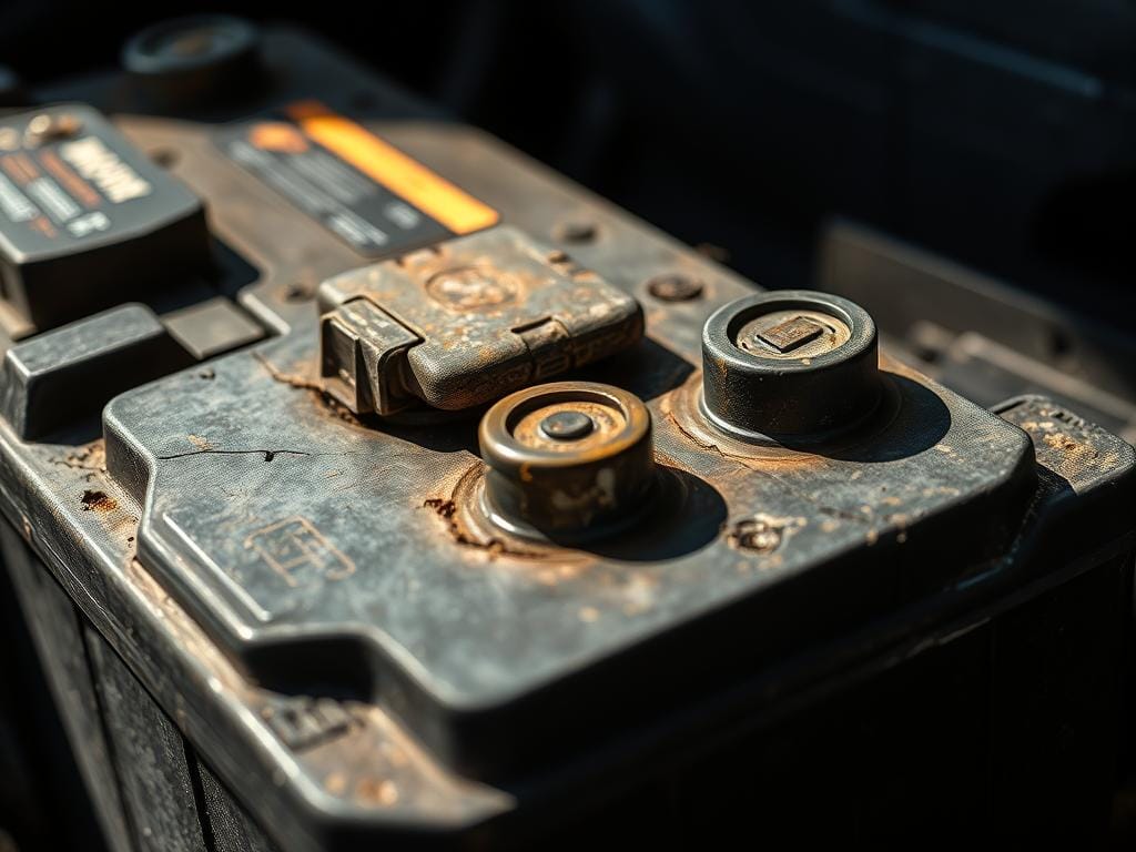 Close-up shot of a car battery in Bogotá, showing visible signs of wear and damage. The battery terminals are corroded, and the casing has noticeable cracks and discoloration. The lighting is harsh, casting sharp shadows that highlight the imperfections. The background is blurred, drawing the viewer's attention to the deteriorating battery. The overall mood is one of neglect and the need for maintenance, conveying the common causes of battery failure in the city.