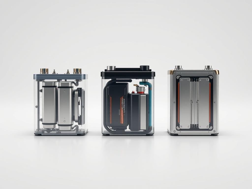 Comparison of batteries for transportation: a detailed technical illustration showcasing three different battery types - lithium-ion, lead-acid, and nickel-metal hydride - placed in a clean, well-lit studio setting. Crisp, high-resolution rendering captures the intricate design and internal components of each battery, allowing for a side-by-side analysis of their size, shape, and visual characteristics. Subtle shadows and reflections on a neutral background emphasize the three-dimensional nature of the batteries, creating a sense of depth and tangibility. The overall mood is one of analytical precision, inviting the viewer to closely examine and compare the technical specifications of these power sources suitable for public transportation vehicles. Comparison of batteries for transportation: a detailed technical illustration showcasing three different battery types - lithium-ion, lead-acid, and nickel-metal hydride - placed in a clean, well-lit studio setting. Crisp, high-resolution rendering captures the intricate design and internal components of each battery, allowing for a side-by-side analysis of their size, shape, and visual characteristics. Subtle shadows and reflections on a neutral background emphasize the three-dimensional nature of the batteries, creating a sense of depth and tangibility. The overall mood is one of analytical precision, inviting the viewer to closely examine and compare the technical specifications of these power sources suitable for public transportation vehicles.