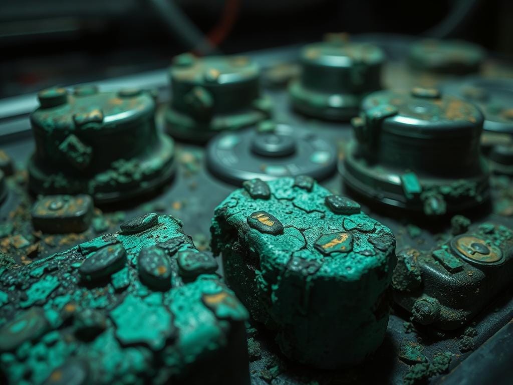 Corroded battery terminals, a vivid display of electrochemical decay. In the foreground, a close-up view showcases the intricate patterns of oxidation, with a greenish-blue hue and a rough, pitted texture. The middle ground reveals the surrounding metallic components, partially obscured by the accumulation of corrosive deposits. The background maintains a dim, atmospheric lighting, casting subtle shadows that accentuate the deterioration. The overall scene conveys a sense of neglect and the need for immediate attention, serving as a visual warning of the impending risks associated with this battery condition. Corroded battery terminals, a vivid display of electrochemical decay. In the foreground, a close-up view showcases the intricate patterns of oxidation, with a greenish-blue hue and a rough, pitted texture. The middle ground reveals the surrounding metallic components, partially obscured by the accumulation of corrosive deposits. The background maintains a dim, atmospheric lighting, casting subtle shadows that accentuate the deterioration. The overall scene conveys a sense of neglect and the need for immediate attention, serving as a visual warning of the impending risks associated with this battery condition.