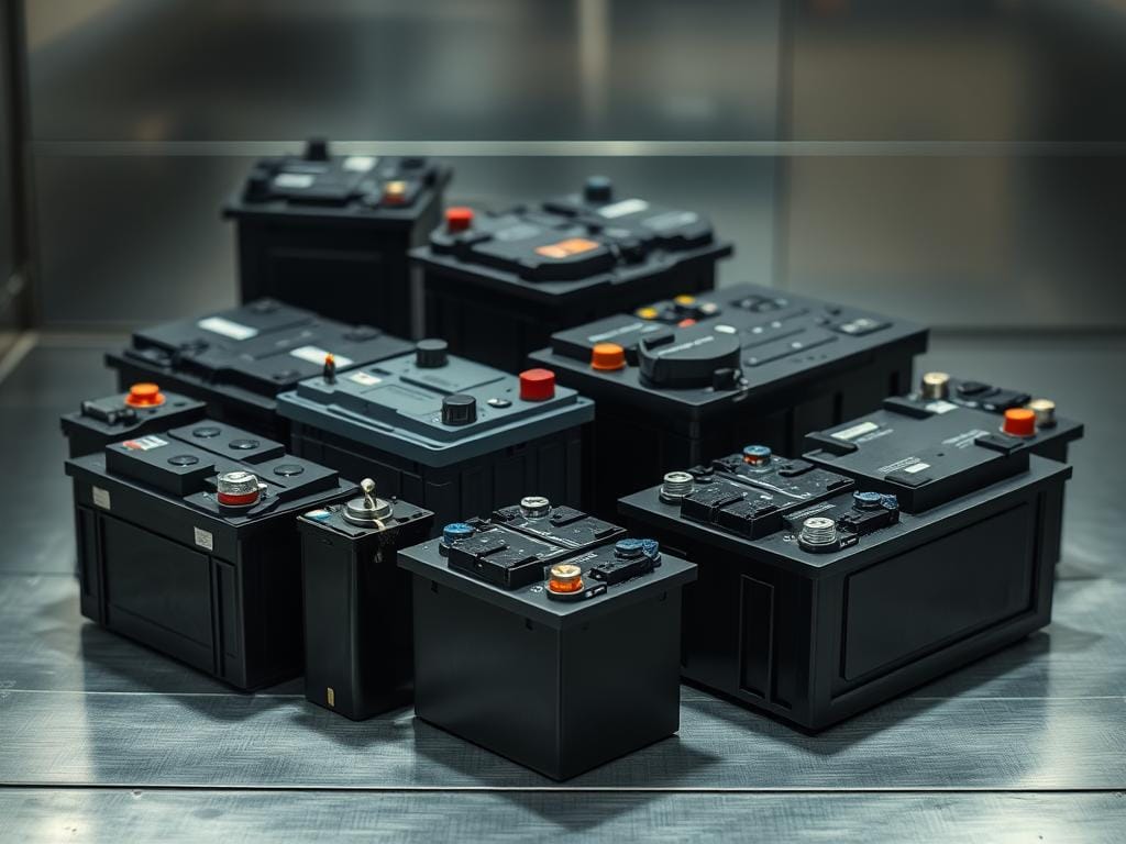 Detailed image of an assortment of specialized automotive batteries, neatly arranged on a clean metallic surface. The batteries showcase a variety of sizes, shapes, and terminal configurations, suitable for a wide range of vehicle types. The lighting is soft and diffused, creating a muted, technical atmosphere that highlights the intricate textures and metallic finishes of the battery casings. The camera angle is slightly elevated, providing a comprehensive overview of the lineup while maintaining a sense of visual balance and symmetry. The overall tone is one of precision, reliability, and technical expertise, reflecting the high-quality nature of the specialized batteries. Detailed image of an assortment of specialized automotive batteries, neatly arranged on a clean metallic surface. The batteries showcase a variety of sizes, shapes, and terminal configurations, suitable for a wide range of vehicle types. The lighting is soft and diffused, creating a muted, technical atmosphere that highlights the intricate textures and metallic finishes of the battery casings. The camera angle is slightly elevated, providing a comprehensive overview of the lineup while maintaining a sense of visual balance and symmetry. The overall tone is one of precision, reliability, and technical expertise, reflecting the high-quality nature of the specialized batteries.