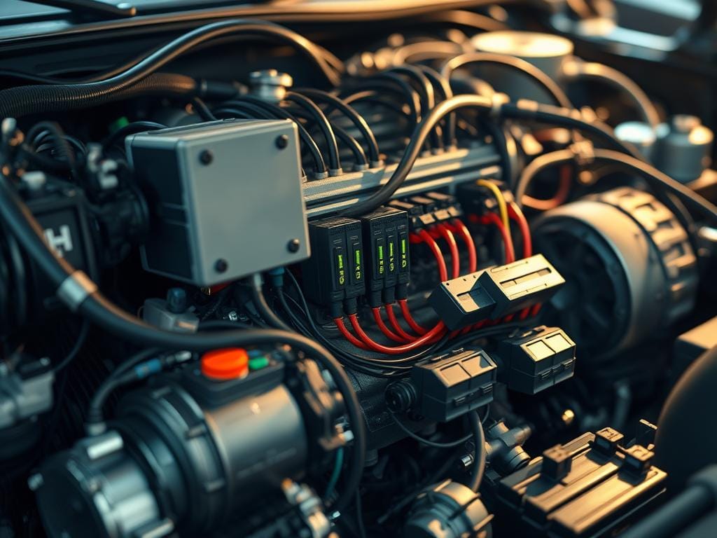 High-voltage systems in hybrid vehicles, showcasing the complex electrical architecture that powers these eco-friendly cars. A detailed close-up view, capturing the intricate wiring, junction boxes, and high-voltage cables that seamlessly integrate the gasoline engine and electric motor. The scene is bathed in a soft, diffused light, emphasizing the technical precision and engineering prowess behind these advanced propulsion systems. The background is slightly blurred, allowing the viewer to focus on the intricacies of the high-voltage components, which are rendered with a high degree of realism and attention to detail. The overall atmosphere conveys a sense of technological sophistication and the cutting-edge nature of hybrid vehicle technology.
