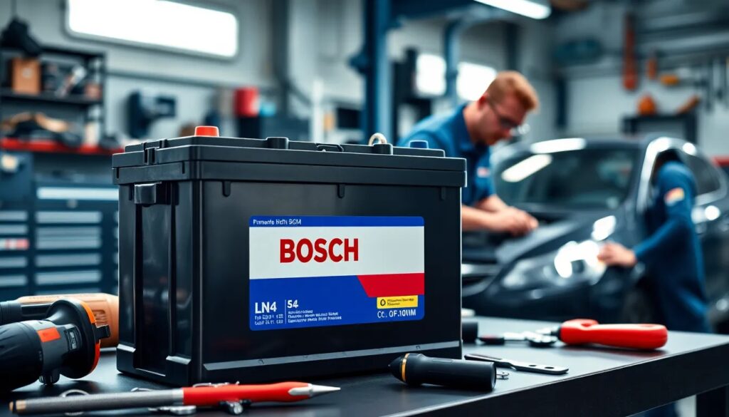 Batería Bosch en taller mecánico.