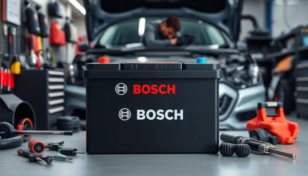 Batería Bosch en taller mecánico.