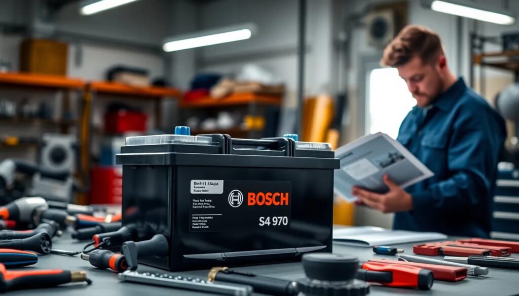 Batería Bosch en taller de herramientas.