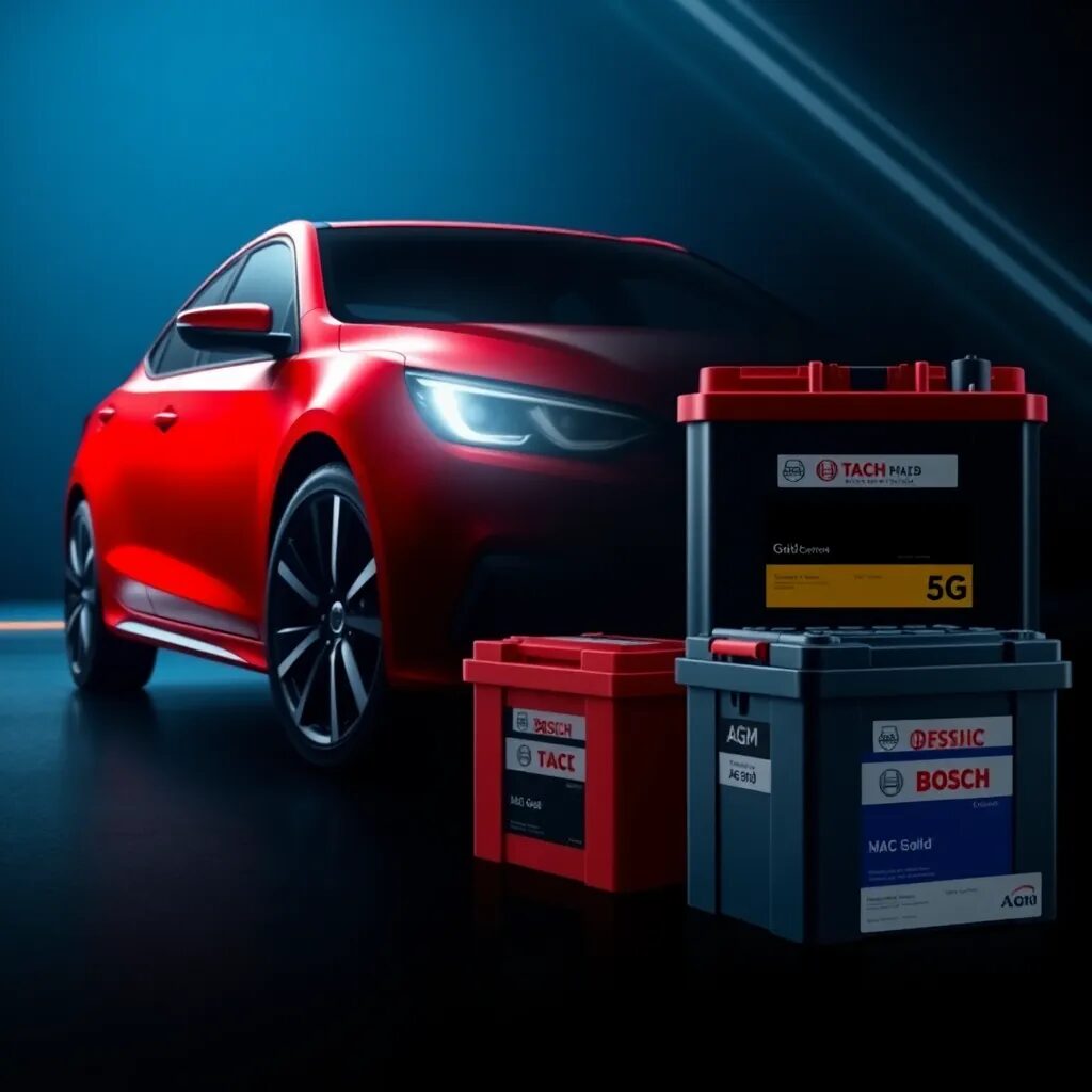 Coche rojo con baterías de automóvil