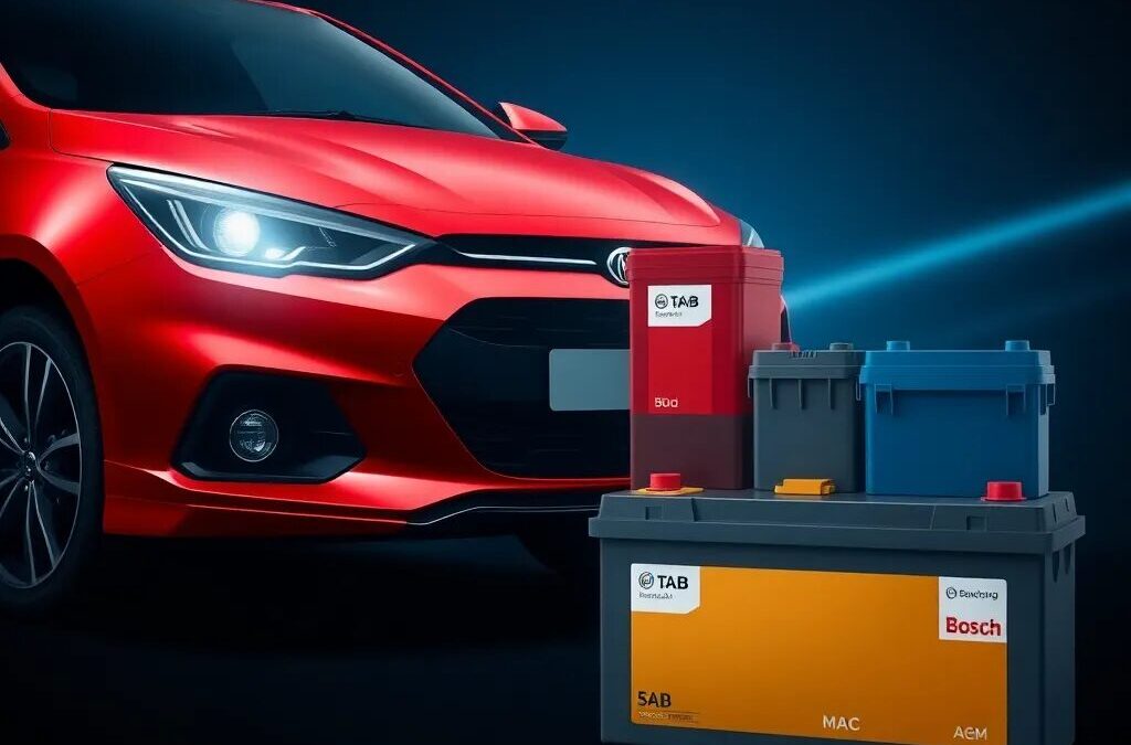 Baterías de coche junto a un auto