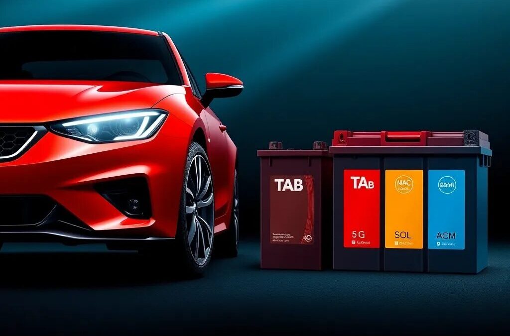 Coche rojo y baterías de automóviles.