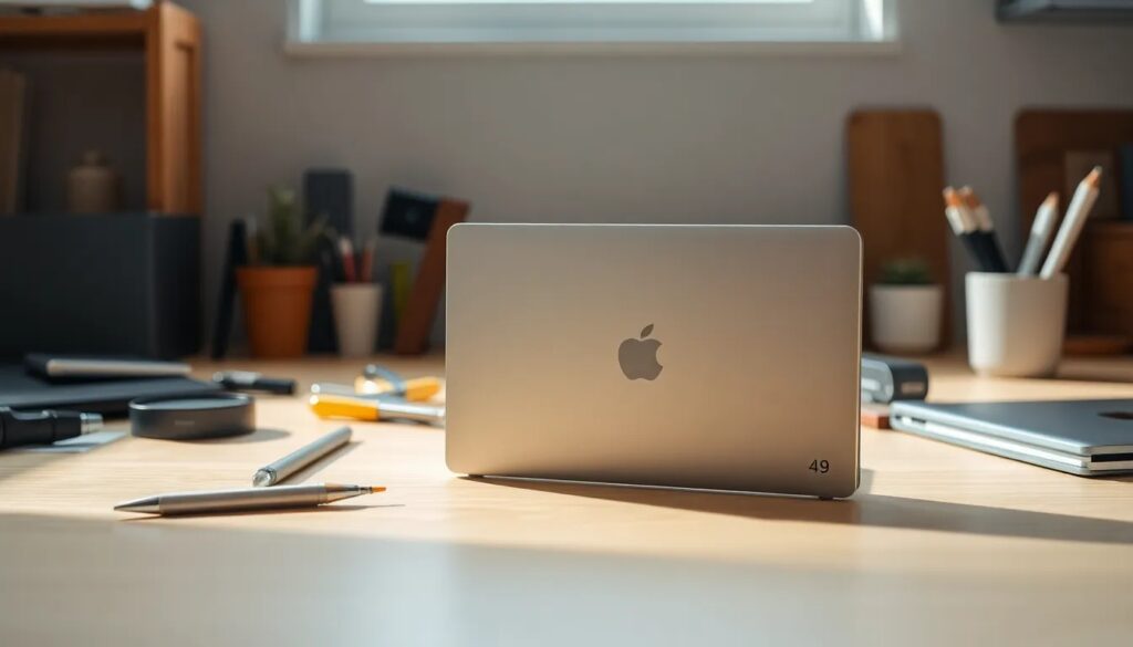 Laptop Apple sobre escritorio ordenado.