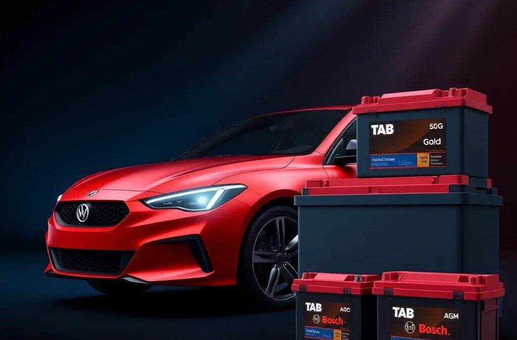 Coche rojo y baterías apiladas.