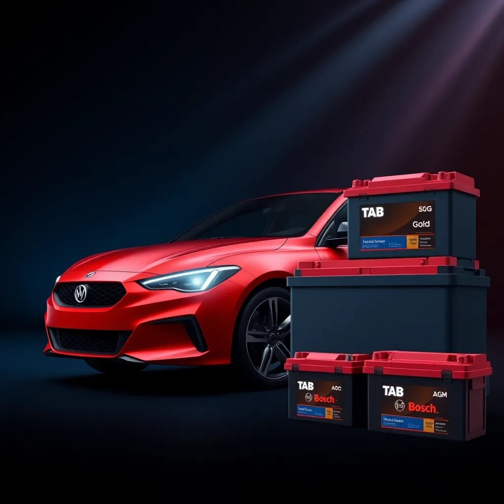 Coche rojo y baterías apiladas.