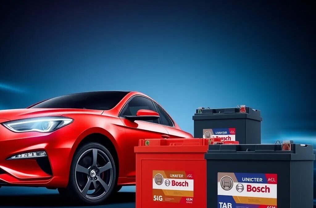 Baterías junto a un coche rojo.